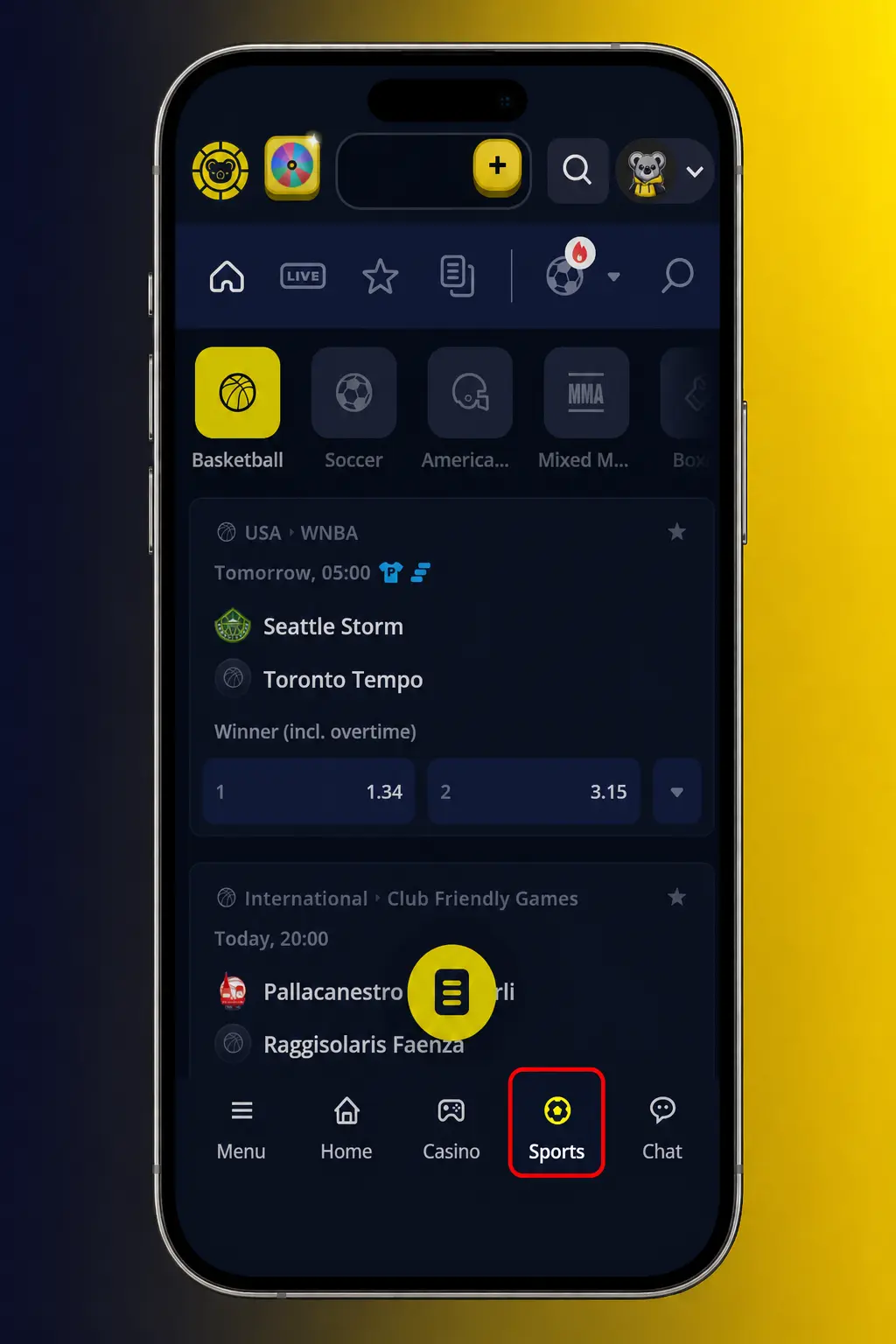 Step-by-step screenshot of placing a basketball bet on KoalaBet, showing odds, bet slip, and stake confirmation