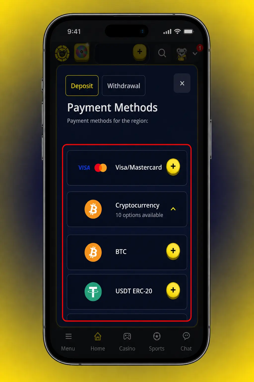 Step-by-step guide showing how to deposit funds into a KoalaBet account via the Cashier's Deposit tab.